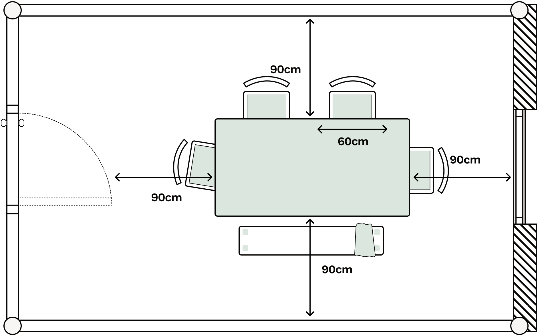 An illustration of the 90cm minimum clearance needed around a dining table and the 60cm minimum needed per seating space.