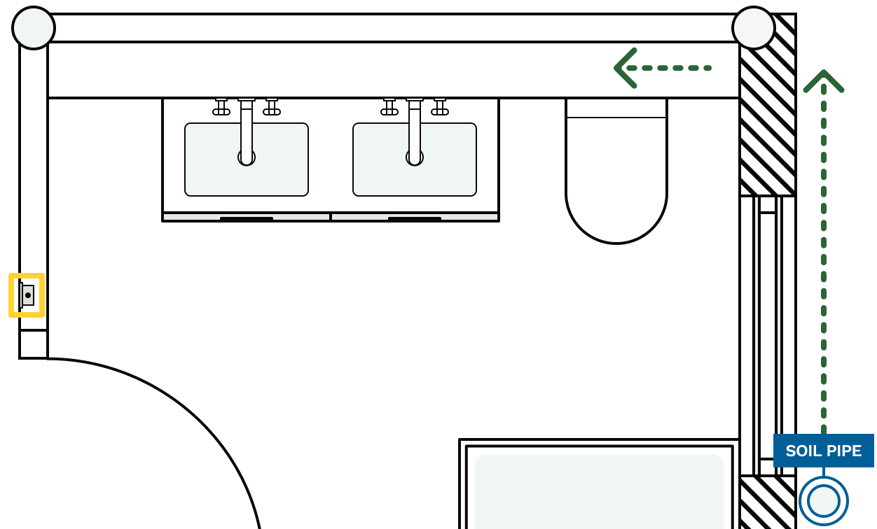 An example floor plan created on Reno showing where the toilet is planned to be moved from the existing soil pipe