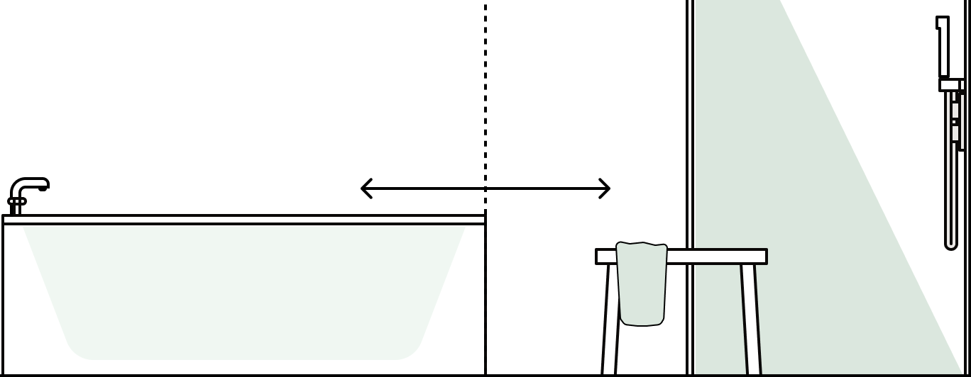 A bath and shower with an arrow indicating a choice to switch from a bath to a space saving shower.