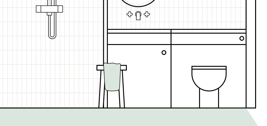 A bathroom wall elevation plan using vertical tiles to increase the sense of height in the room.