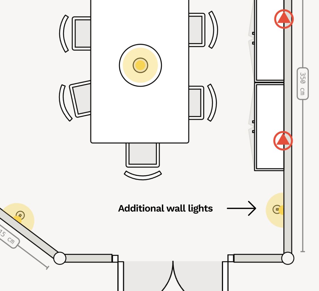 Add electrical plans for your dining room renovation. Symbols for lights, switches, sockets and extractor fans.