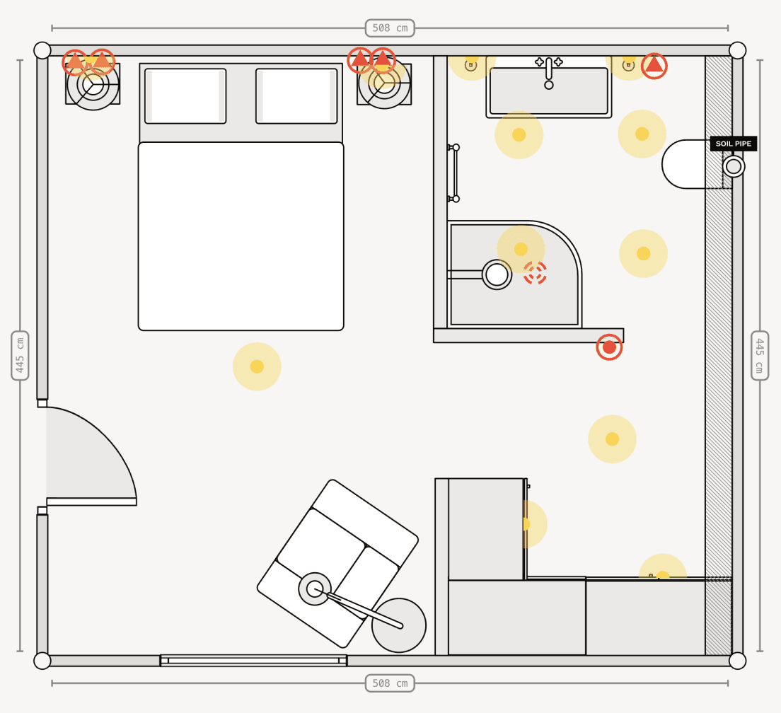 Add electrical plans for your new ensuite bathroom renovation. Symbols for lights, switches, sockets and extractor fans.