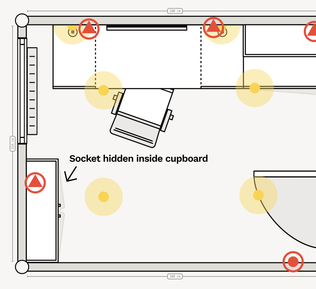 Add electrical plans for your home office renovation. Symbols for lights, switches, sockets, and extractor fans.