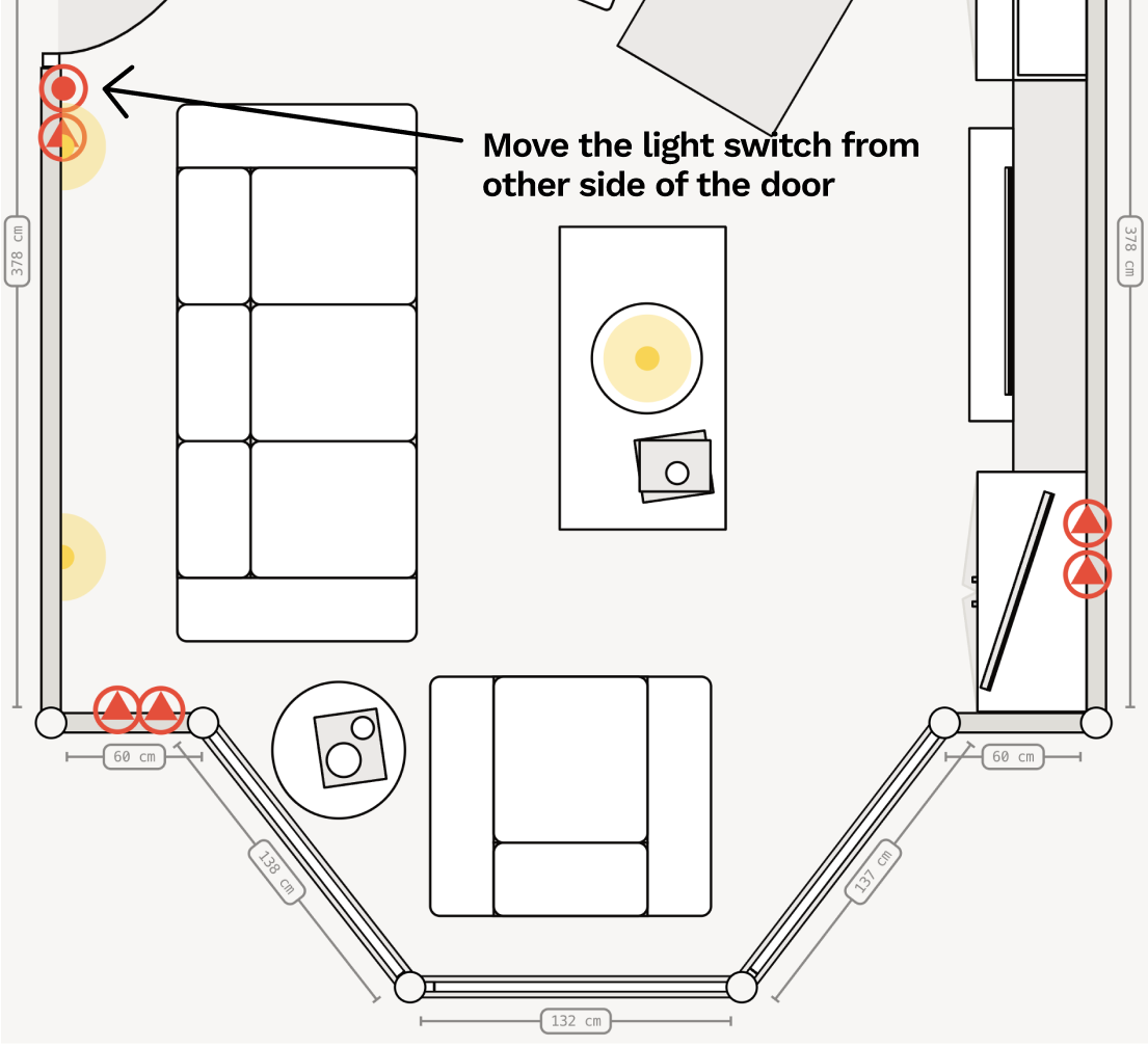 Add electrical plans for your lounge renovation. Symbols for lights, switches, sockets, and more.