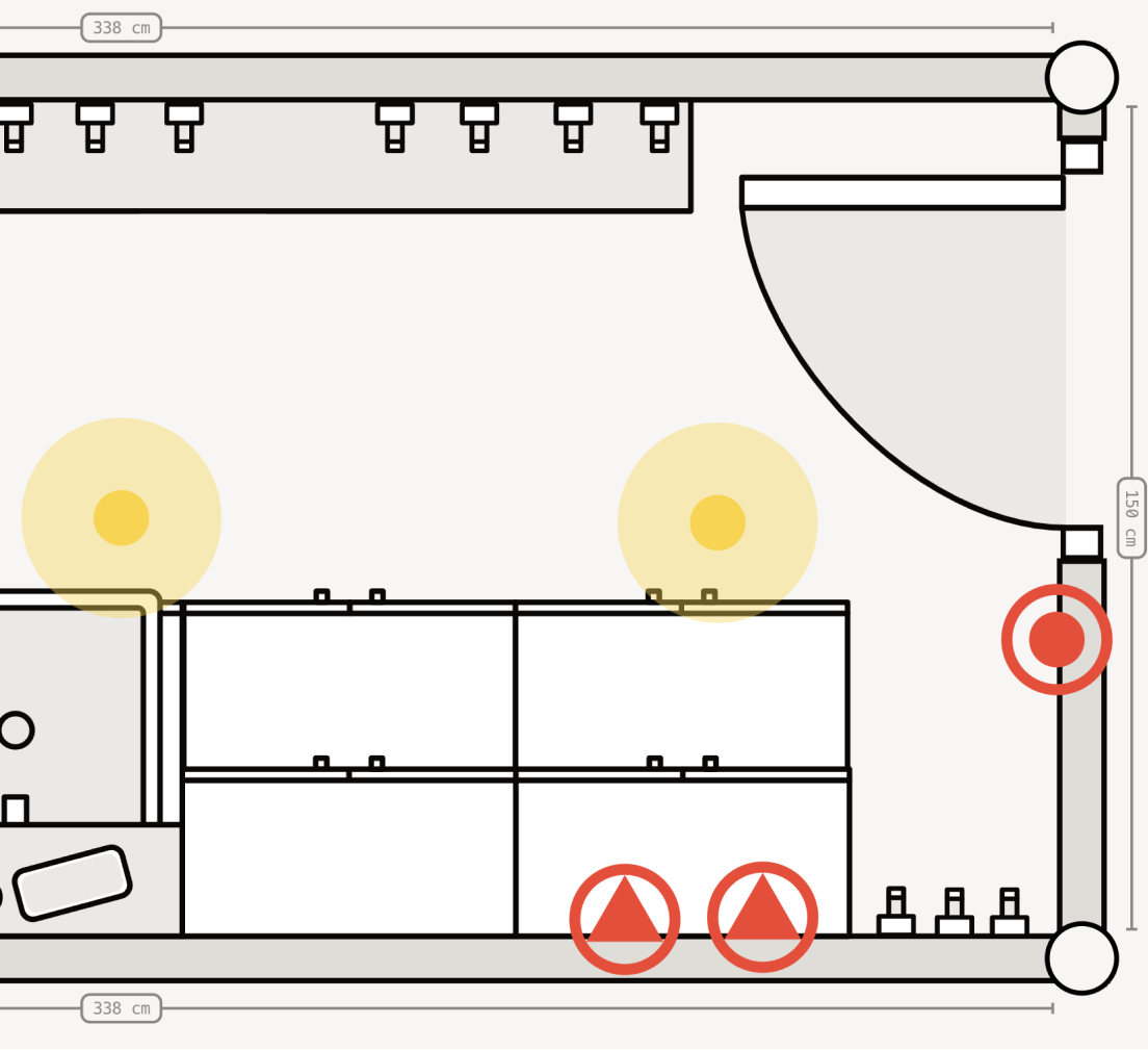 Add electrical plans for your utility room renovation. Symbols for lights, switches, sockets and extractor fans.