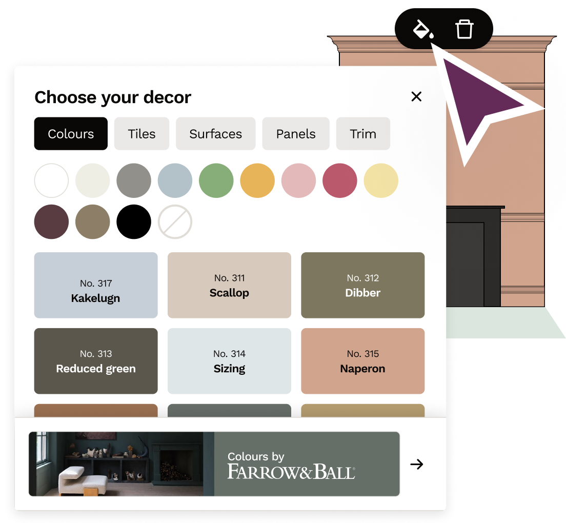 Show which walls are painted in what colour, where the tiling runs up to or splashbacks.